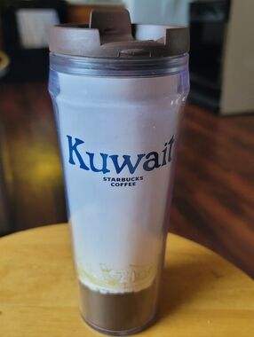 2004 Starbucks Kuwait Travel Tumbler with Lid - White, Brown & Blue.